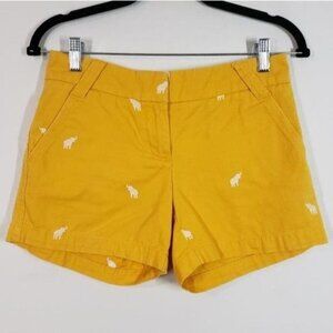 J. Crew Yellow Embroidered Elephant‎ Chino Shorts Boho Summer Boat Shorts sz 0